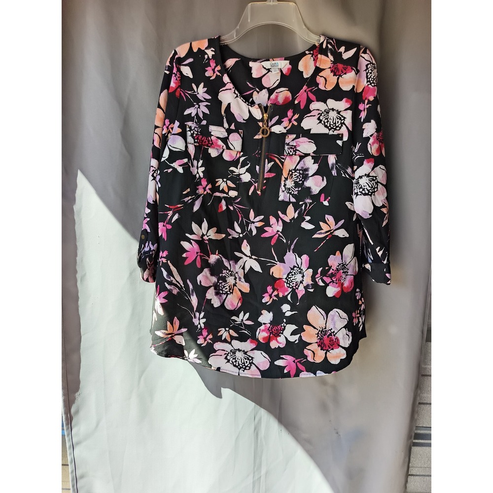 Croft & Barrow Womens Black Floral Quarter Zip Blouse Top Medium